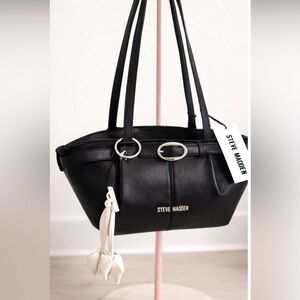 Steve Madden Black Leather Shoulder Tote with Contrast Tassel